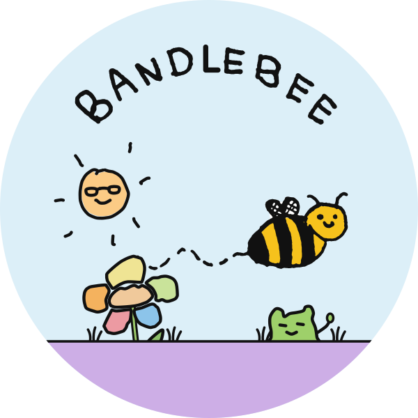 Bandlebee logo: a bee, a sun in sunglasses, a flower and a frog